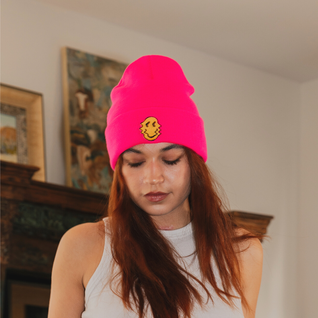 Stay Smiling Embroidered Pink Beanie