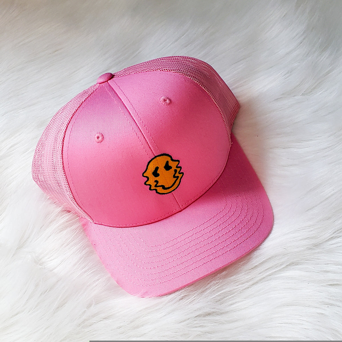 Stay Smiling Embroidered Pink Trucker Hat
